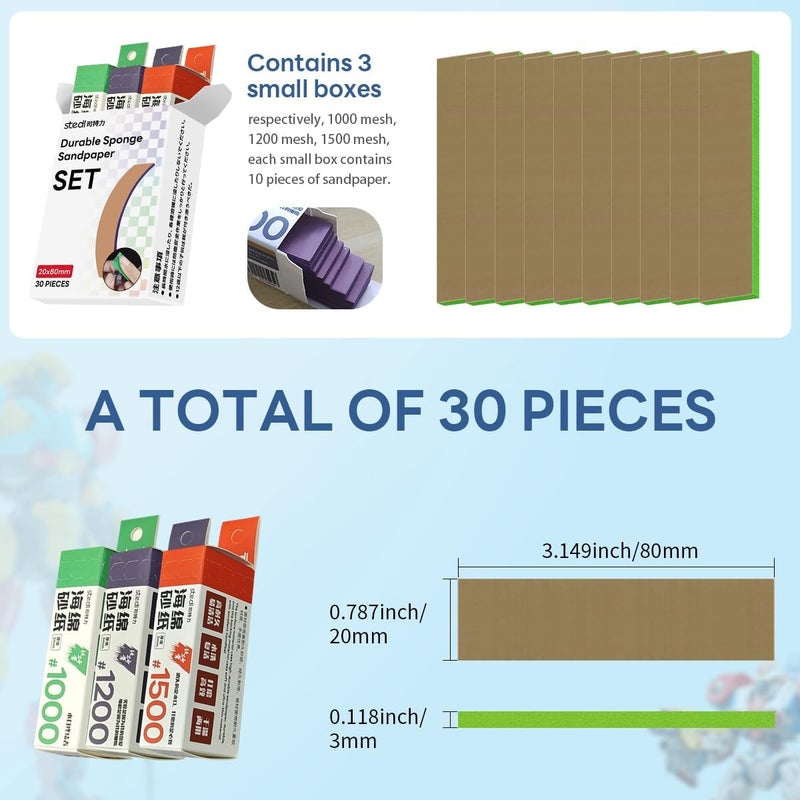 Stedi Sanding Sponge for Model Gundam Building,3mm Hobby Model Tools Hand Sanding Block Waterproof Wet Dry Reuse #1000#1200#1500 Grit Sandpaper, 30 Sheets - Image 2